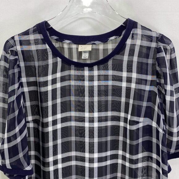 A NEW DAY Sheer Plaid Round Neck Short Sleeve Blouse - Picture 6 of 7